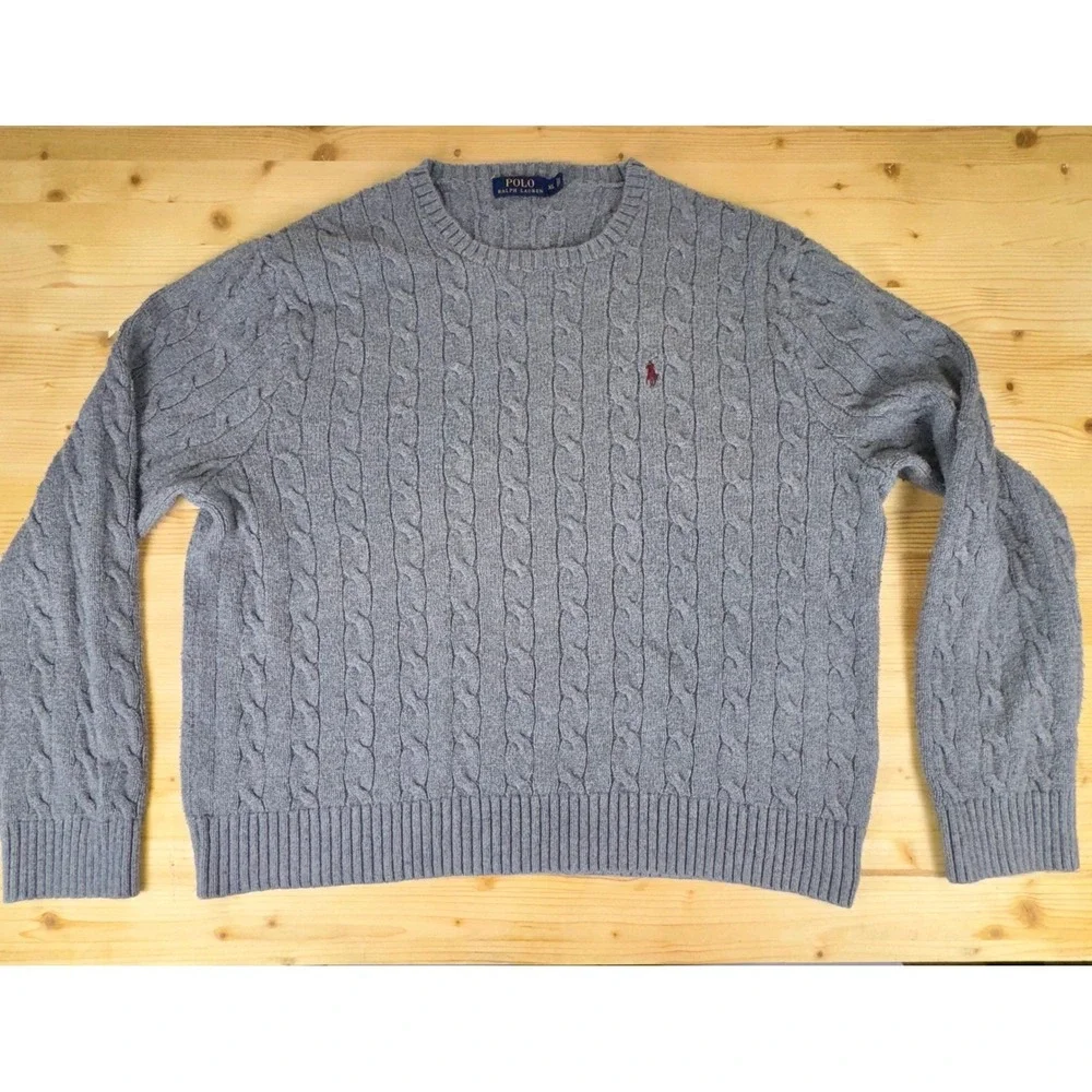 Polo Ralph Lauren XL Gray Cable Knit Cotton Sweater Crewneck Long‎ Sleeve